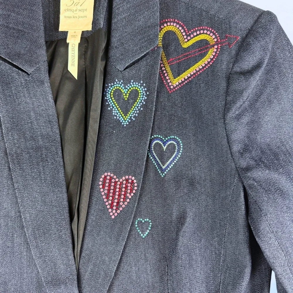 Cinq a Sept Cheyenne Blazer Women Size 6 Blue Denim Rhinestone Heart Embellished